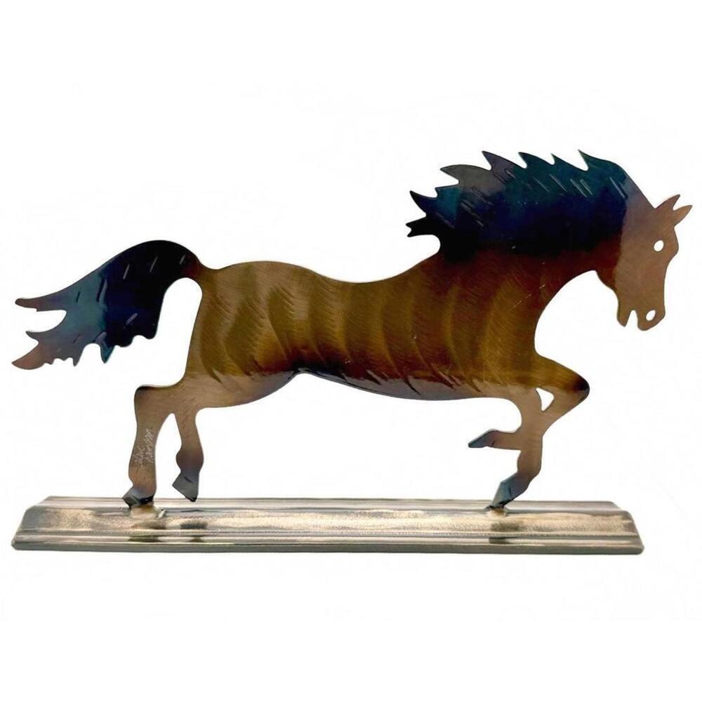 Iridescent Metal Horse Sculpture Canadian Studio Signed Folk Art Brushed Steel